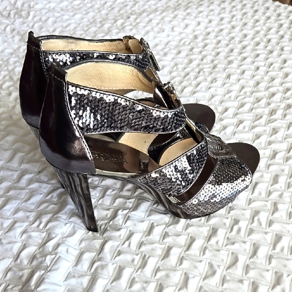 Michael Kors Shoes - Michael Michael Kors Sequin Strappy Heels Gunmetal Party Glam Summer Shoes